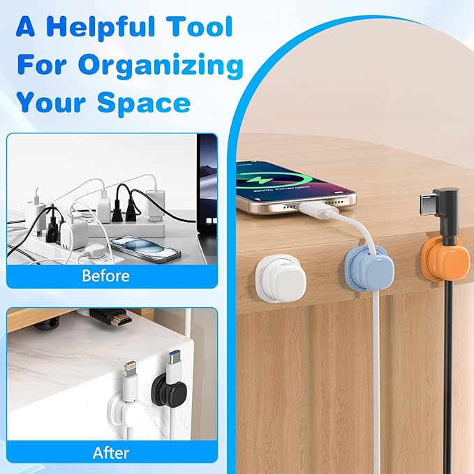6Pcs Magnetic Cord Organizer Holder,Cord Holder for Nightstand,360° Rotatable Spring Cable Management,Adhesive Wire Cable Clips Management Kit for Phone Charger,Computer,Office,Desk,Nightstand (White)