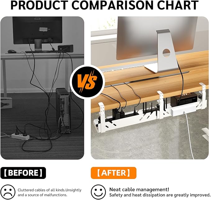Extended Metal Under Desk Cable Management Tray with Power Outlet, No-Drill Wire Organizer with Clamp, Cord Storage Raceway for Desk Cable Management for Office Home (White)