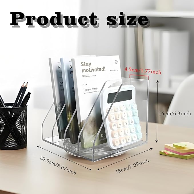 LIYAOLI Acrylic File Organizer with 4 Vertical Compartments, 360° Rotating Vertical Desk Organizer for Books, Folders, Magazines, Compact Clear Book Stand & Binder Holder for Office Desk Storage