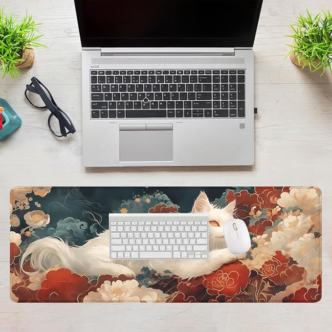 White Cat Mouse Pad Traditional Japanese Auspicious Clouds Extended Mousepad Waterproof Stitched Edges Rubber Base Non-Slip Deskmap Computer Keyboard Mat 31.5x11.8 in