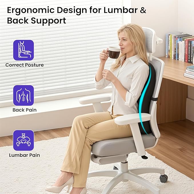 ZZ-WELL Lumbar Support Pillow for Office Chair - Memory Foam Office Chair Back Support - Ergonomic Lumbar & Back Support Pillow with Strap, Machine Washable Cover (Black)