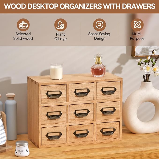 KIRIGEN Wooden Desk Storage Cabinet with 9 Mini Drawers, Wood Desktop Organizer with Metal Label Handles for Office Supplies, Crafts, Tea Bags, Makeup, Natural 9CG-NA