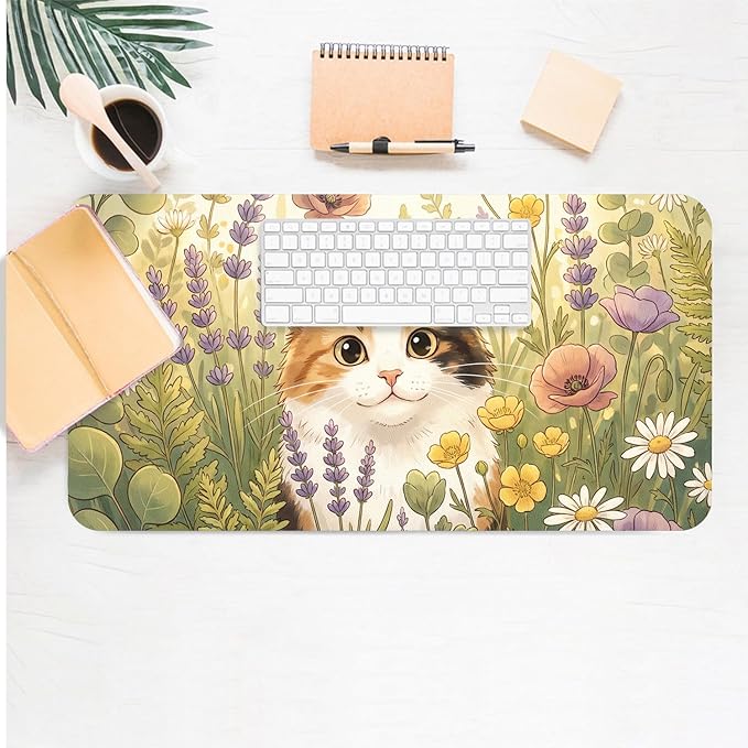 Cute Desk Mat, Kawaii Cat Floral Large Mouse Pad for Desktop, PU Leather Waterproof Desk Pad, Anti-Slip Computer PC Laptop Protector Gaming Mouse Pads for Office Home Decorations (27.5" x 13.8")