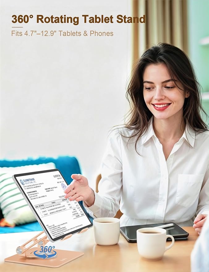 Aoviho Tablet Stand 360° Rotating Aluminum Holder, Adjustable, Portable and Foldable Monitors Stand for iPads, Compatible with 4-12.9" Tablets, Golden
