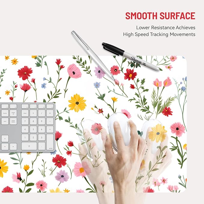 Mousepad Desk Mat Gaming Large Keyboard Cute Office Desktop Computer Laptop White Floral XXL Long Big Kawaii Aesthetic Girly Pretty Design Women Girl Gamer Oversized Wide 30x12'' Mousepad