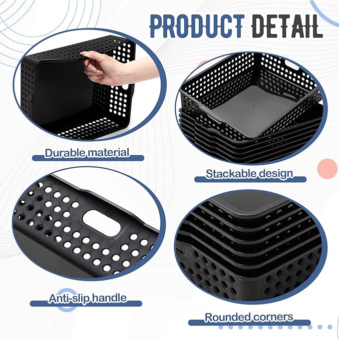Geetery 12 Pack Classroom Storage Baskets with Handle 14''x10'' Paper Tray Holds A4 Turn in Trays Plastic Paper Baskets Desk Organizer Bin for Classroom, Library, Office, Home (Black)