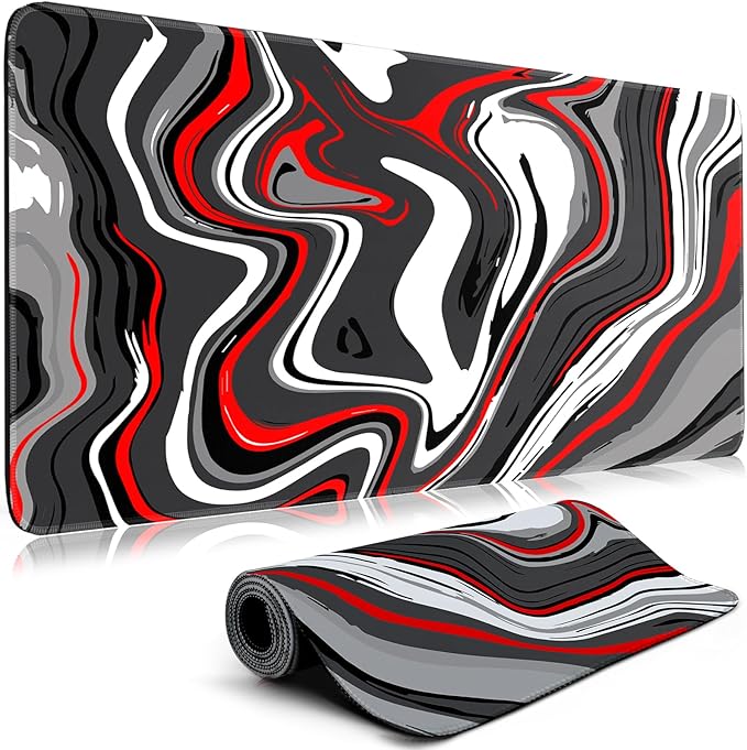 Gaming Mouse Pad Big Mousepad with Non-Slip Rubber Base, 31.5 x 11.8 in XL Large Desk Mat for Gaming Home Office, Long Keyboard Pad Mouse Mat for Computer with Stitched Edges, Grey and Red Fluid
