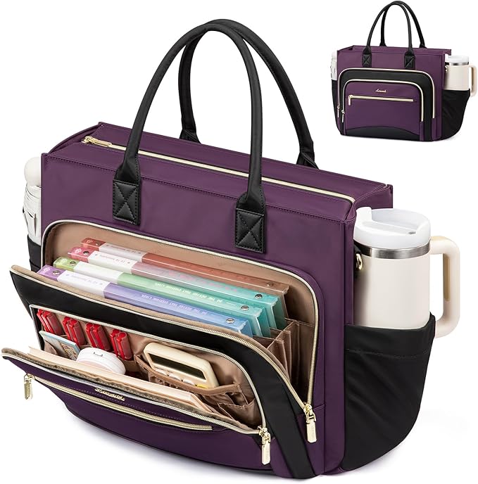 LOVEVOOK Teacher Tote Bag for Women,Laptop bag with Large Cup Holder,Work bag with Accordion File Organizer Pocket,Multi-Pockets Professional Diaper Bag Nurse Bag,Handbag Purse for Work,College,Daily