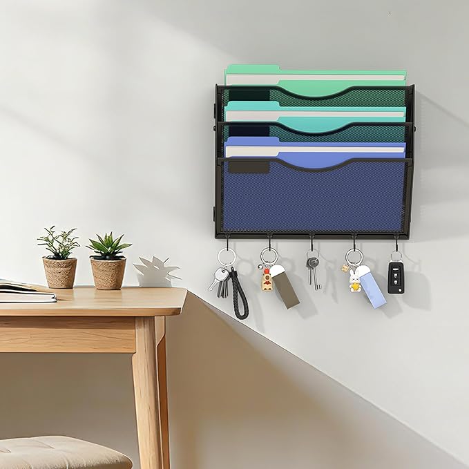 Gawerk Hanging Wall File Organizer with 5 Hooks - Wall Mounted Mail Paper Document Folder Holder, Sturdy Mesh Magazine Rack for Office Home (3 Tier)