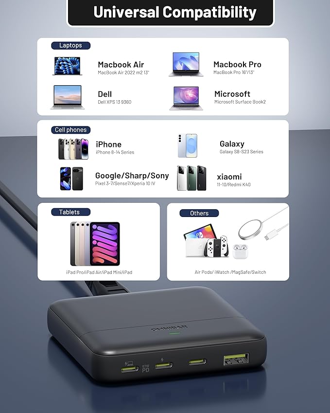 USB C Charging Station 67W, 4-Port Slim USB C Charger Block for iPhone 17/16/15, MacBook Air/Pro with 5ft Extension Cord, 3 USBC, 1 USB-A, Fast Charging Desktop Charger for Home Office Travel, Black
