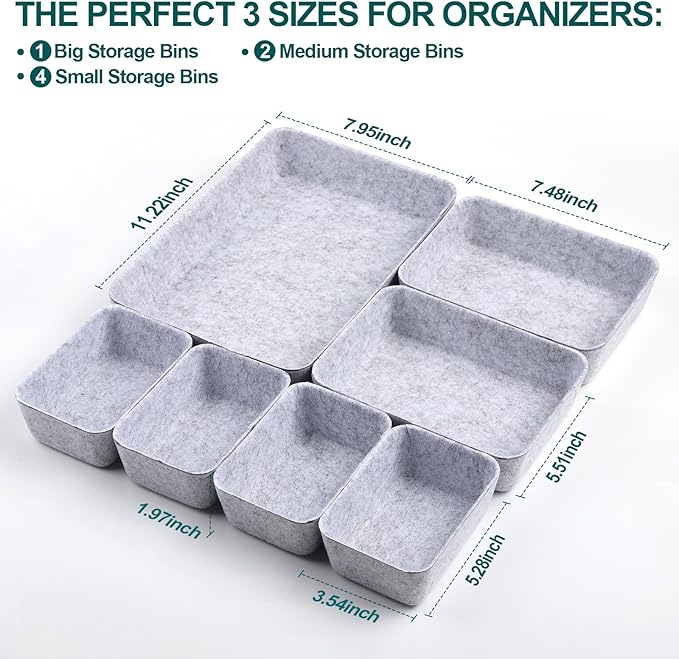 Desk Drawer Organizer,7 Pack Felt Drawer Organizer Shallow Drawer Organizers Felt Storage Bins (Light Gray)