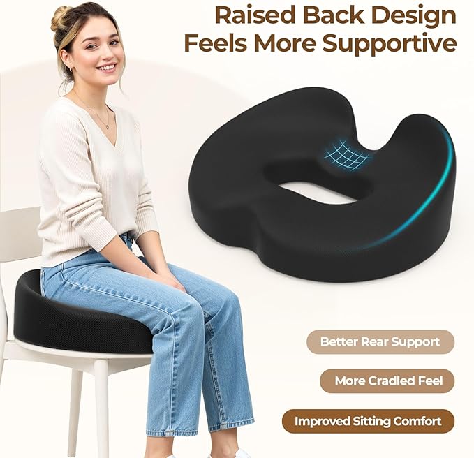 TushGuard Ergonomic Donut Pillow Seat Cushion with Raised Rear Support, Large Memory Foam Cushion for Tailbone, Hemorrhoids & Sciatica Relief, Office Chair, Car, Travel, Postpartum, Black