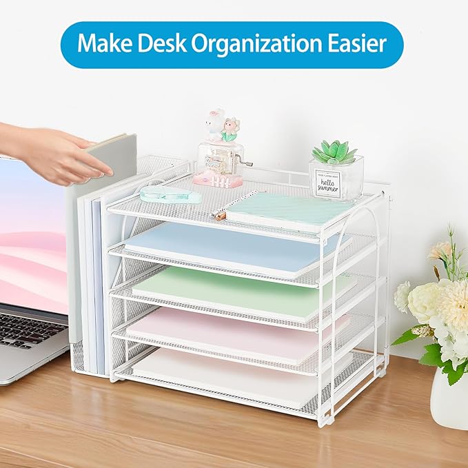 AUPSEN Desk Organizers and Accessories, 5-Tier Desktop Paper File Organizer with Removable File Holder, Desk Accessories & Workspace Organization for Home Office Supplies (White)