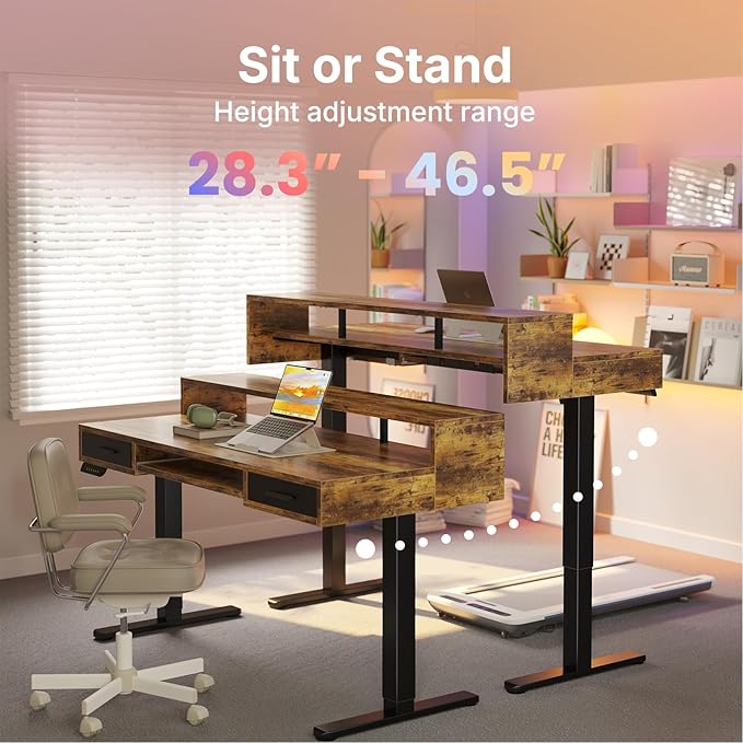 HUANUO 48″ x 26″ Electric Standing Desk with 2 Drawers &24.4″ Large Keyboard Tray, C-Clamp Mount Compatible, Adjustable Computer Desk for Office, Sit Stand Up Desk with 4 Height Presets, Vintage Brown