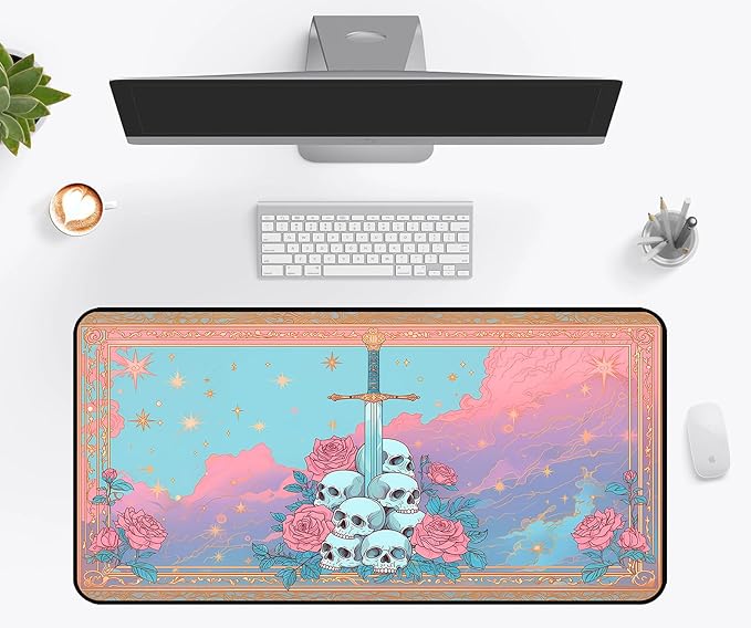Pink Gothic Desk Mat, Soft Rose Flower Gaming Mouse Pad, Dreamy Colorful Starry Sky Desk Pad Mouse Mats, Funny Desk Protector Mat, Cute Office Desk Decor Accessories for Female Girls 31.5"X15.7"