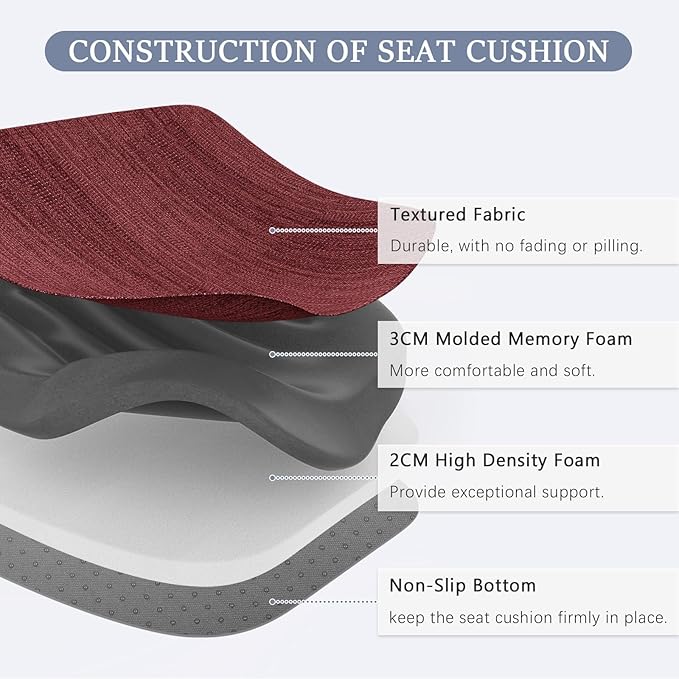 baibu Kitchen Chair Cushions Set of 6, Dual-Layer Patented Design Memory Foam Dining Chair Pads with Ties and Washable Cover, 6 Pack, 17" x 16" x 2", Wine Red