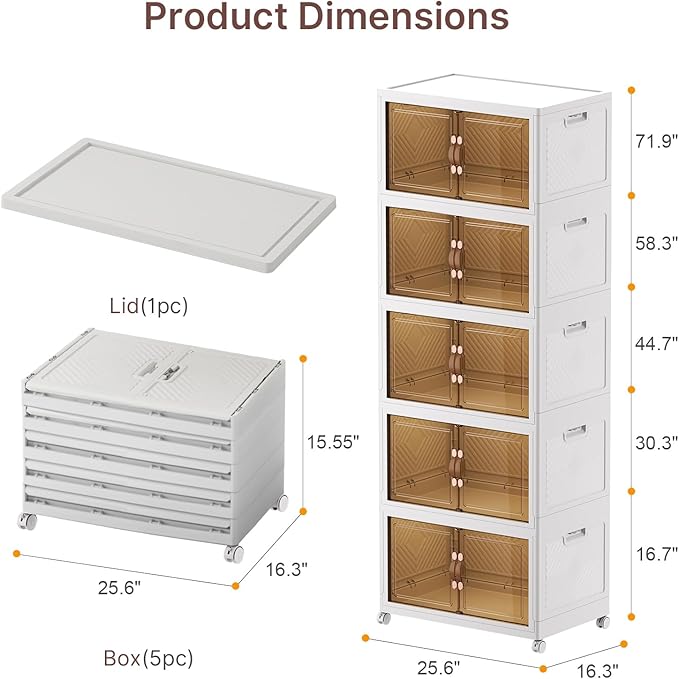 UAMFURI Stackable Storage Bins with Lids, 600QT Closet Organizers, Lockable Storage Cabinet，Foldable Storage Box with Doors and Wheels, Plastic Drawers for Home, Garage, Office (5, White, Large)