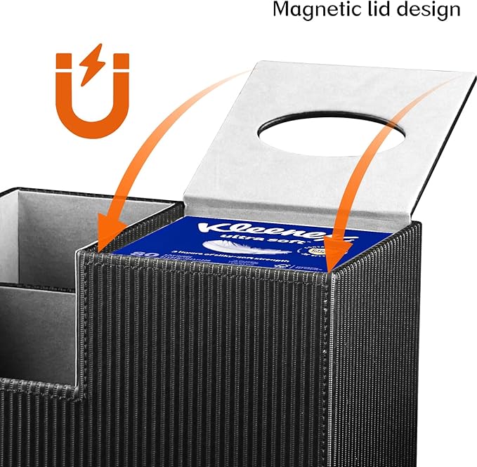 Tissue Box Cover Square with Storage, PU Leather Cube Tissue Box Holder, Multifunction Remote Control Nightstand Organizer, Modern Desk Caddy for End Table, Bathroom, Home, Office Decor