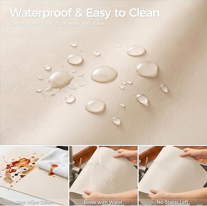 1.6mm Thick Leather 12x48 Inch Non-Slip Mat, Waterproof Countertop Protector, Kitchen Appliance Runner/Narrow Console Topper, Creamy White