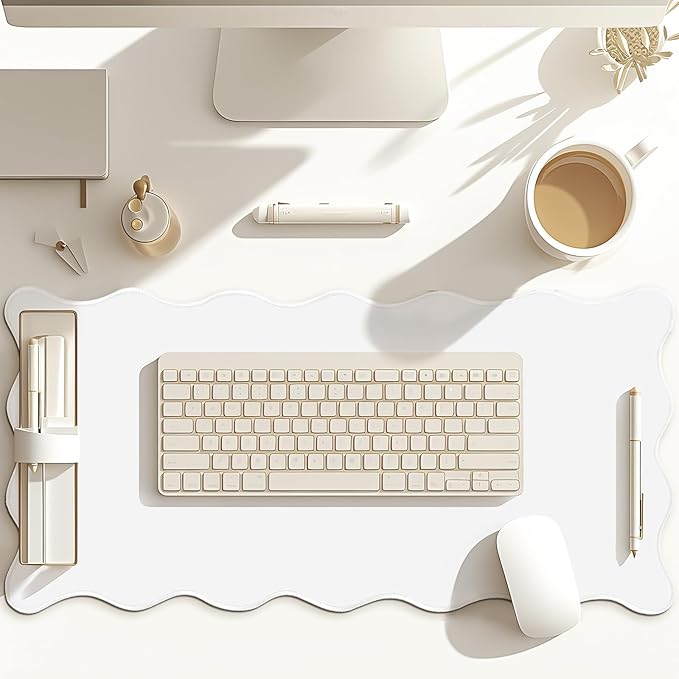 Hahafelt Scalloped Desk Mat Large Desk Pad Cute Coquette Table Mat Aesthetic Preppy Table Make up Pad Nonslip 2026 Graduation Gift with Stitching Waterproof Gaming(White,23.6 x 13.8 Inches)