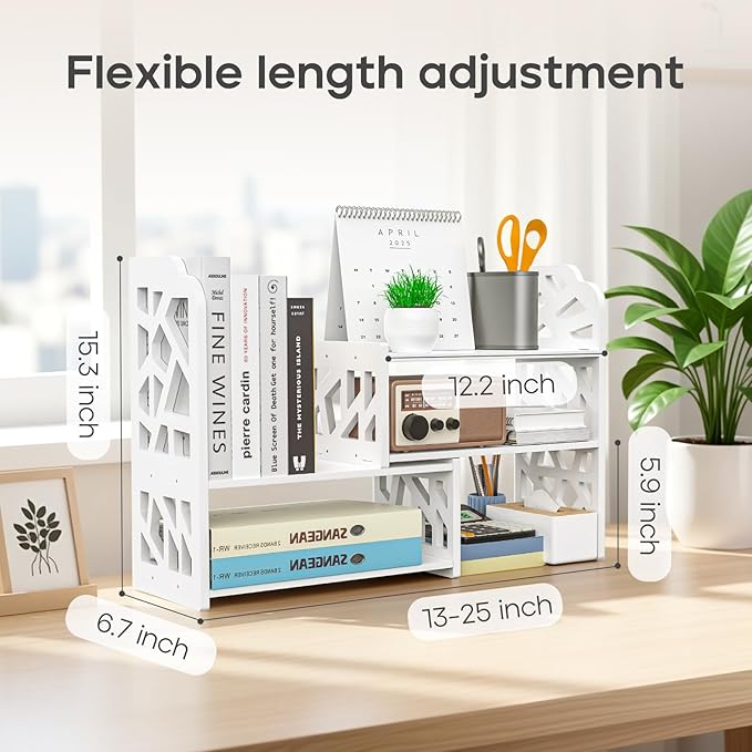 Desktop Shelves, Adjustable White Bookshelf Desktop Organizer and Desktop Storage