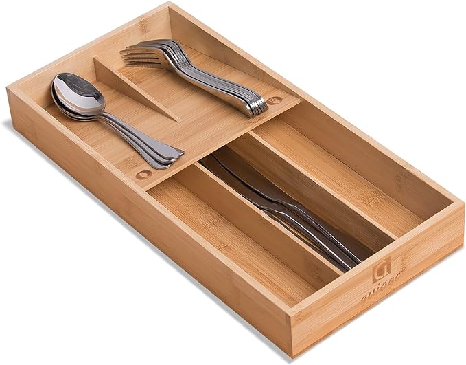 guiogc Bamboo Silverware Organizer, Kitchen Silverware Drawer Organizer, Utensil Tray Holder, Cutlery Tray for Spoons, Forks, Knives