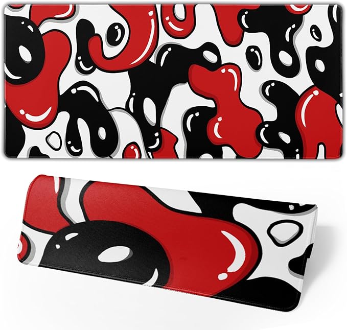 Red Black White Mouse Pad XL 31.5”x11.8” Anime Cool Geometric Japanese Desk Mat Non-Slip Rubber Base Stitched Edge Extended Keyboard Mouse Mat Desk Pad Large Mousepad for Home Office Work Desktop
