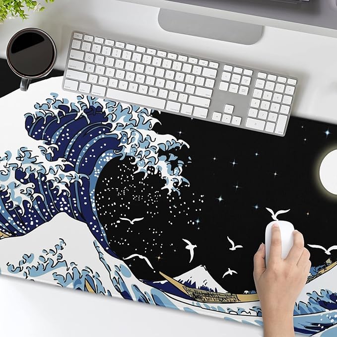 Kanagawa Surfing and Black Mouse Pad, Large Gaming Mouse Pad,Japanese Wave Desk Mat,Laptop Mousepad Non-Slip Rubber Desk Pad Keyboard Waterproof for Computer Desk Mat 11.8x31.5 in