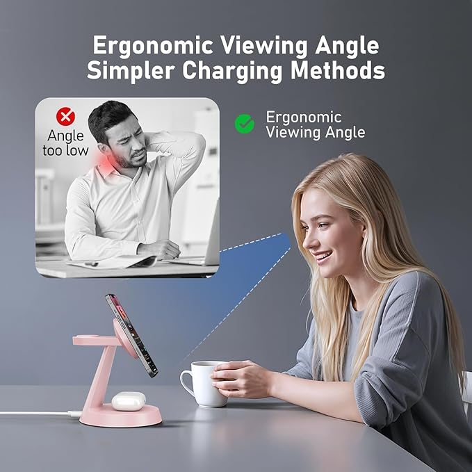 Charging Station 3 in 1 Wireless Charger for Apple Devices, 15W MagSafe Stand Compatible with iPhone 17 16 15 14 13 12 Pro Max Plus, Charging Dock for AirPods 4 3 2 & iWatch Series (Pink)