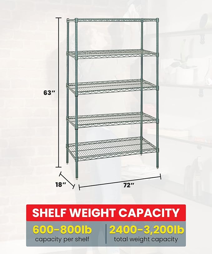 Quantum Storage Systems WR63-1872P-5 Starter Kit Wire Shelves Green Epoxy 5 Shelves 63" H x 72" W x 18" D