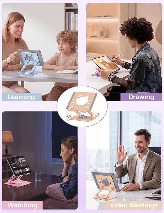 Aoviho Tablet Stand 360° Rotating Aluminum Holder, Adjustable, Portable and Foldable Monitors Stand for iPads, Compatible with 4-12.9" Tablets, Golden
