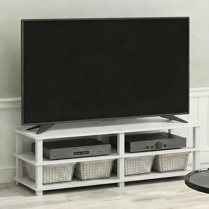 Furinno Turn-S-Tube Toolless Assembly 3-Tier TV Stand, Entertainment Center for TV up to 55 Inch, Wide Printer Stand with Storage Shelf, for Living Room, Bedroom, White
