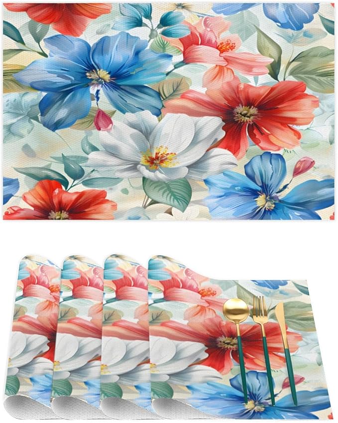 Placemats Set of 4 Heat-Resistant Rectangle Place Mats Floral Flower Colorful Washable Plastic PVC Dining Table Mat Non-Slip Wipeable Woven Vinyl Placemat for Kitchen Patio Table Decor