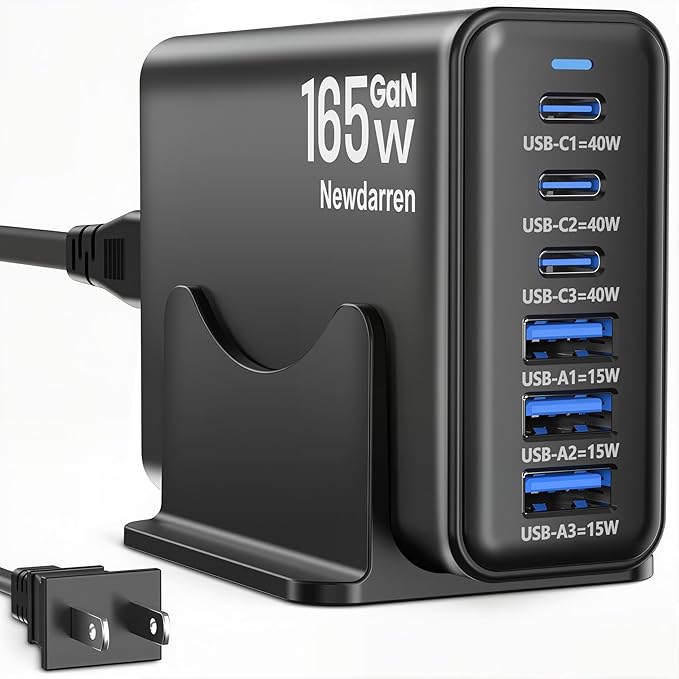 165W GaN USB C Charging Station, 6-Port Desktop Charger [3 USB-C PD + 3 USB-A], Multi-Device Fast Charger with 5 ft Cord for iPad iPhone 17/16/15, Samsung Galaxy, Tablets, Home Office Travel Black