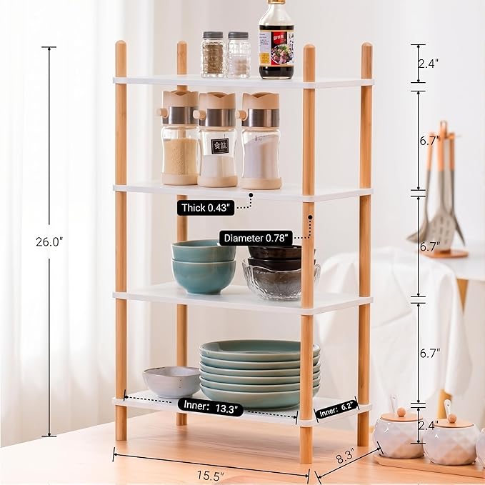 4-Tier Expandable Bamboo Desktop Organizer Shelf Kitchen Cabinet and Counter Riser Display Shelf for Top of Desk Home Office Bathroom Coffee Table Display Stand,White