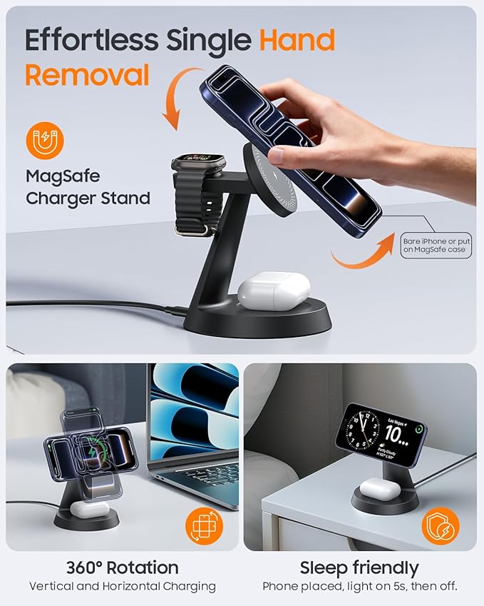 Meifigno 25W Fast Charging Station for MagSafe Charger for iPhone 17/16/S26 Ultra, 3 in 1 Magnetic Wireless Charger with 45W Adapter Only for iWatch & Earbuds, Charger Stand with Heat Dissipation