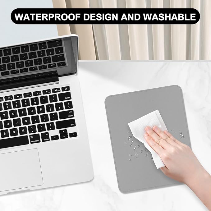 Leather Mouse Pad, Office Mouse Mat Non-Slip Rubber Base Stitched Edge Washable Waterproof Rectangular Mousepad for Office Gaming PC Laptop, 9.8" x 7.9", Gray