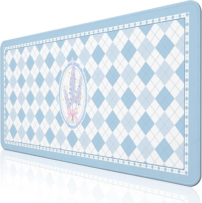 Aesthetic Floral Mouse Pad Large 35.4×15.7 Checkered Blue Desk Mat for Women, Non-Slip Water-Resistant Keyboard Pad for Home Office Gaming