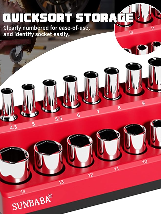 SUNBABA 8-Piece Magnetic Socket Organizer Set,1/2", 1/4" and 3/8" SAE & Metric Deep & Shallow Socket Holder Kit, Socket Trays, holds 197Pcs Sockets (sockets not included)