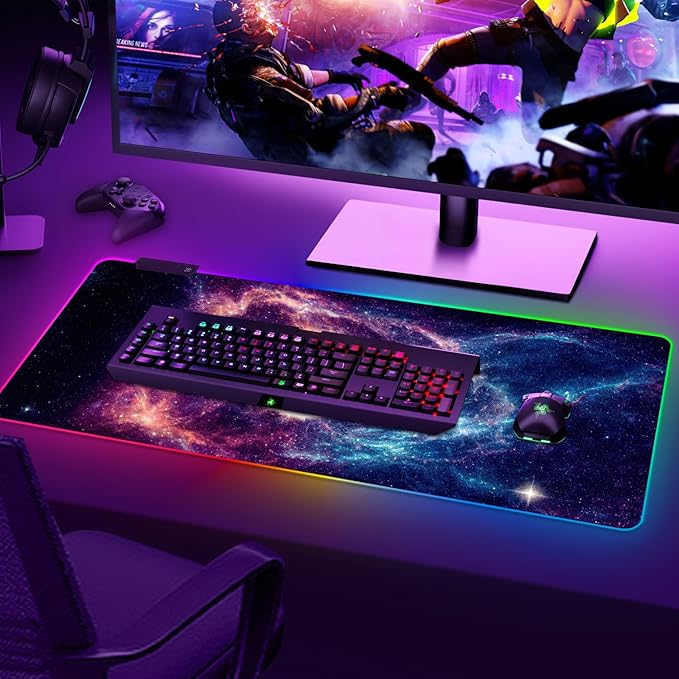 ARTSO RGB Gaming Mouse Pad, Large Mousepad with Led Light, Cosmic Starry Sky Keyboard Pad Gaming Accessories for Desk, Non-Slip Rubber Base Big Mouse Mat for Gamer