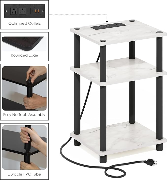 Furinno JUST Side Table Set of 2, 3-Tier Modern End Table with Charging Station, Open Shelf Night Stand, Bedside Table with USB and Type-C Port, for Living Room, Bedroom, Marble White