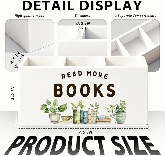 Book Lovers Gifts Pen Holder, Book Reader Gifts Pencil Holder for Desk, Read More Books Wooden Box Sign Decorations for Reading Room Corner Nook Classroom Desk Tabletop