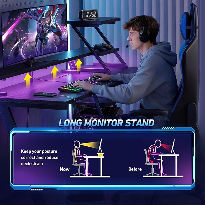 Korfile 47 Inch Gaming Desk with LED Lights & Power Outlet, L Shaped Computer Desk with Storage Shelves, Gamer Workstations with Monitor Stand for Bedroom, Carbon Fiber Black