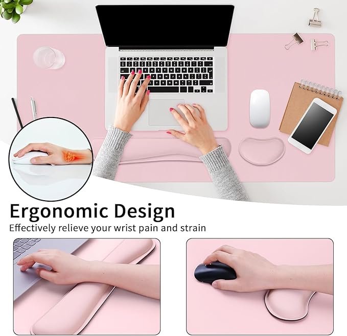Desk Mat Set， Wrist Rest for Computer Keyboard, 3-in-1 Large Mouse Pad and Keyboard Wrist Rest Set, Non-Slip Desk Mat Protector for Office, Home(27.5×13.8 Inches, Pink)