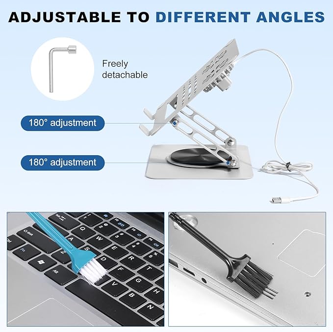 Laptop Cooling Pad with Detachable Fan & Cooler,Adjustable Height & Angle,360 Rotation Base, Ergonomic Carbon Steel Laptop Cooling Pad for MacBook,Dell 10-17.3” Laptop for Tablet(Silver)