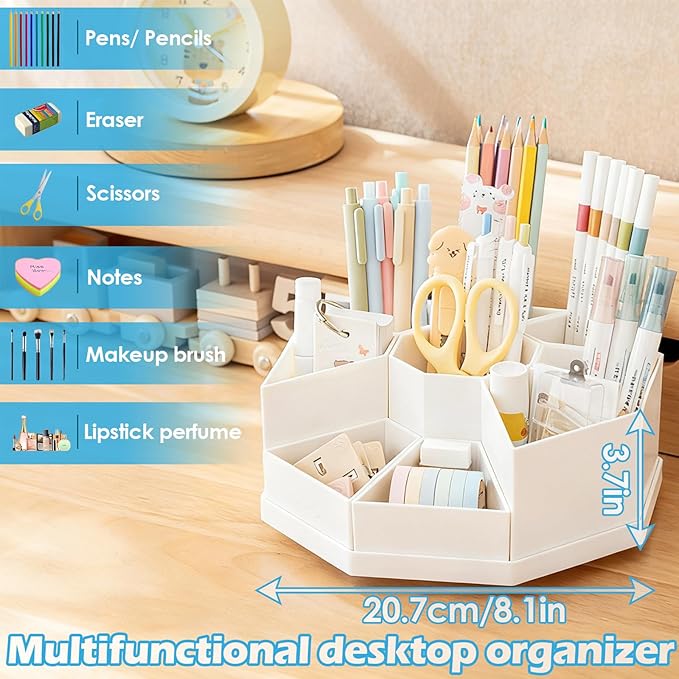 360 Degree Rotating Desk Organizer Caddy with 9 Compartments, Large Capacity Detachable Pencil Holder for Desk, Multifunctional Desktop Storage for Office, School, Home, Dressing Table, White