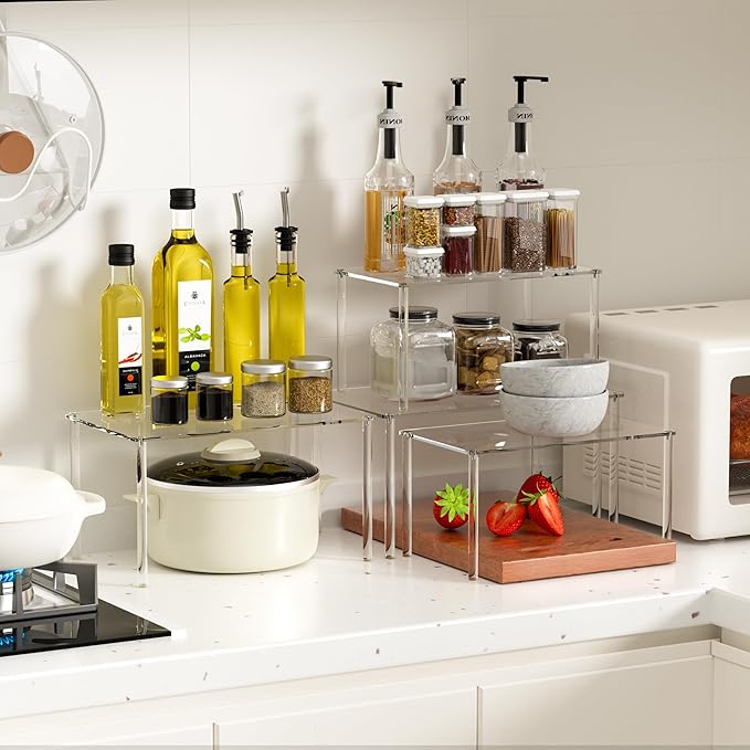 Jusalpha Acrylic Riser Stand Cabinet Organizer, Spice Rack Organizer, Desk Countertop Shelf, Pantry Kitchen Storage, Stackable Shelves for House Organization (Set of 2)