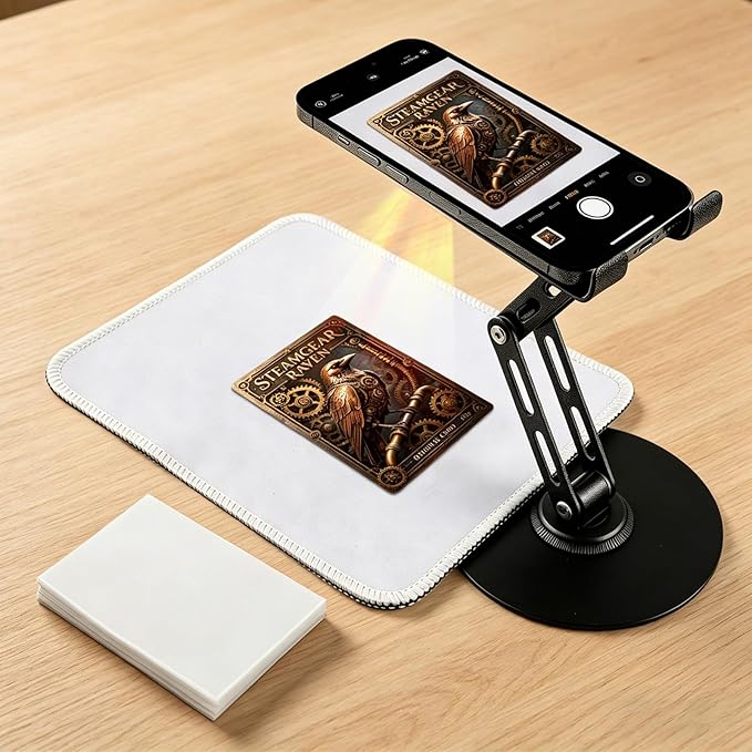 Foldable Trading Card Scanner Stand, Carbon Steel Phone Holder with Scanning Pad and 100 Standard Sleeves, for Sleeved/Unsleeved Collectible Cards, Compatible with iOS and Android