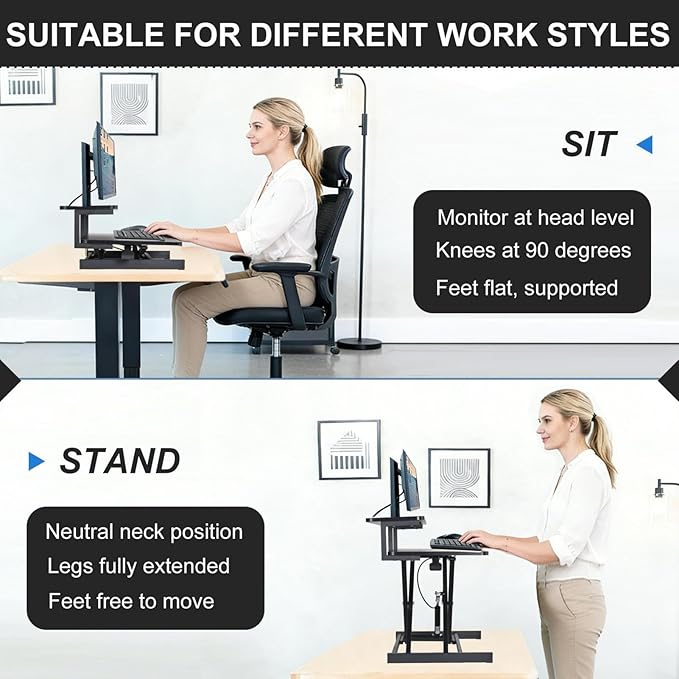 Ergonomic Desk Riser for Standing Height Adjustable Standing Desk Converter 10.2-24.8" 33 Lbs Capacity U-Shapeds Top & Keyboard Tray for Home Office Black