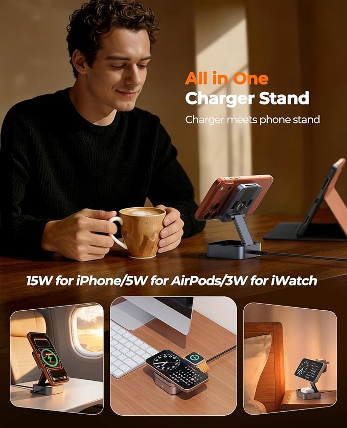 3 in 1 Wireless Charging Station for Apple Multiple Devices, Foldable Travel Compact MagSafe Charger Stand with 20W PD Adapter for iPhone 17/16/15/14/13, Apple Watch, AirPods Pro/4 - Space Grey